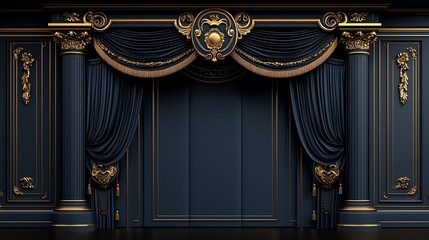Elegant navy blue and gold stage curtain with ornate pillars.