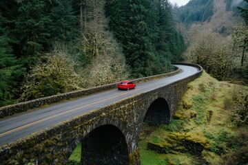 Scenic windy road with car driving through lush greenery and trees in a tranquil forest setting
