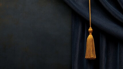 Dark blue velvet curtain with gold tassel.