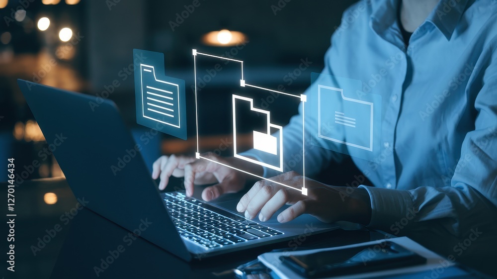 Aufkleber person using laptop with virtual document and folder icons