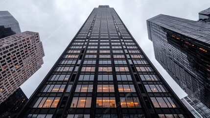 Skyscraper, city, evening, low angle, illuminated windows, urban backdrop, business