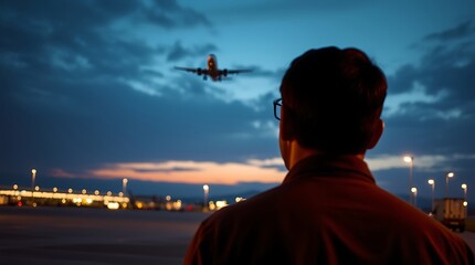 Fototapeta premium Man Watching Airplane Land at Dusk