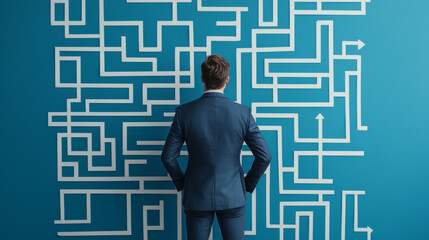 businessman standing confidently before maze on blue wall, contemplating his next move. maze symbolizes challenges and decision making in professional environment