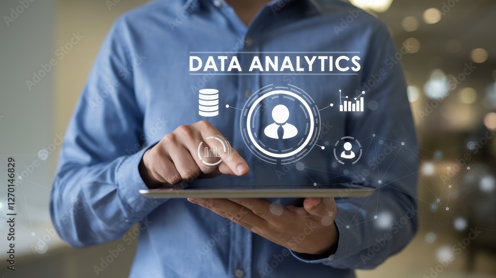 Poster man uses tablet showcasing data analytics icons and information