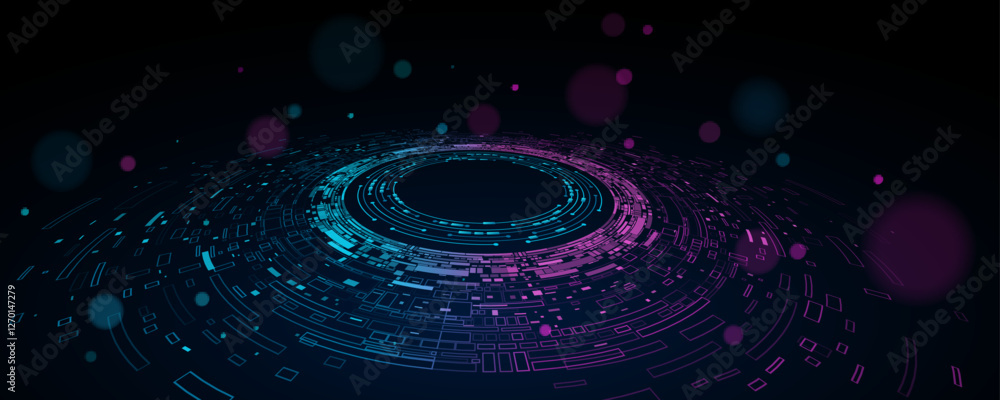 Poster big data visualization. swirling digital circles with web fragments and circuit board. futuristic te