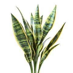 Variegated Snake Plant with Green and Yellow Leaves on Black Background. A highly detailed and photorealistic snake plant (Sansevieria trifasciata) with vibrant green and yellow variegated leaves