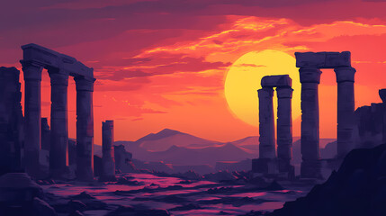 Fototapeta premium Majestic sunset over ancient desert ruins. Pillars of Forgotten Time. Illustration