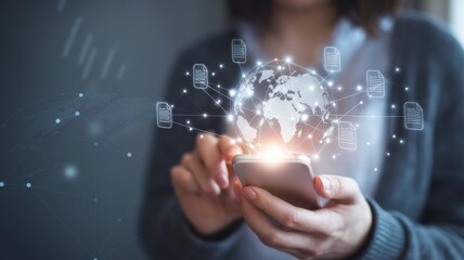 Woman uses phone with a connected global data network