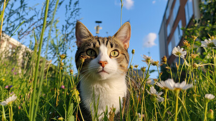 cat sitting in tall grass surrounded by wildflowers under blue sky. scene captures beauty of nature and curious expression of cat