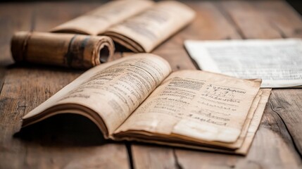Antique Books  Scrolls  Old Papers  Rustic Wooden Desk  History  Research  Knowledge  Wisd