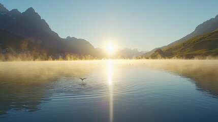 Fototapeta premium Serene Sunrise Over Misty Lake Surrounded by Majestic Mountains and Calm Waters