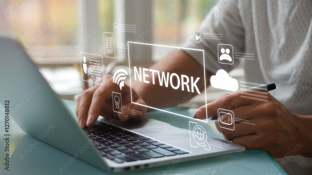 Poster person using laptop overlaid with networking and connectivity graphics