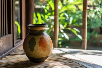 Rustic ceramic vase with colorful pattern on wooden surface in tranquil natural setting