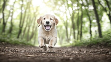 Happy Golden Retriever Puppy Running in Sunny Forest Path