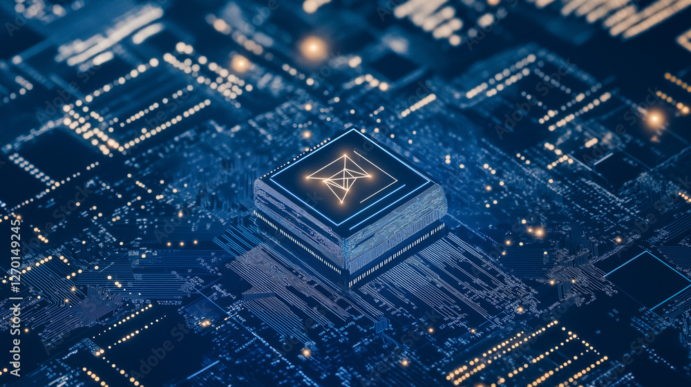 Poster digital core: a close-up shot reveals intricate circuitry, with a central glowing processor, symboli