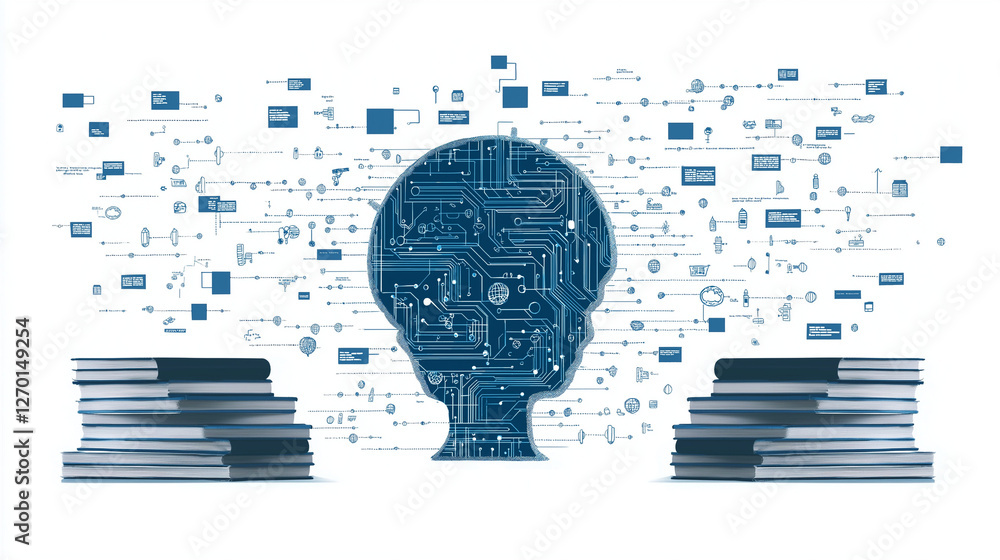 Poster digital mind: a conceptual illustration depicting a human head silhouette filled with circuit board 