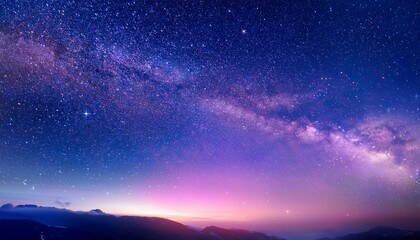 柔らかな紫と青のグラデーションが広がる、星々と光の粒子が舞う幻想的な夜空