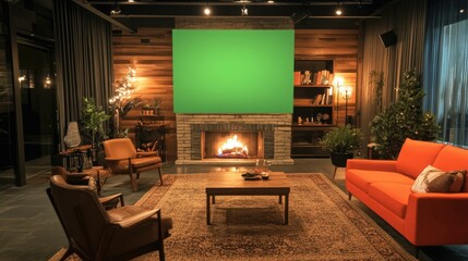 Cozy Living Room with Green Screen Fireplace Interior Design