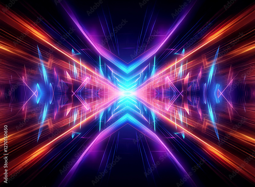 Poster vibrant abstract design with geometric shapes and lines radiating from a bright center. a dynamic an