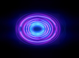 Naklejka premium Circular rings of blue and purple glow from a dark center on black, creating a vortex or portal effect.