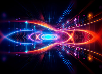 Abstract vibrant energy streams flow and converge, creating a dynamic futuristic design.  Bright neon lines and shapes illuminate a dark space with motion and light.
