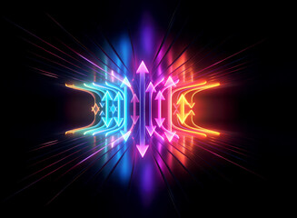 Obraz premium Abstract symmetrical form with glowing arrows indicating energy flow, bright blue to orange colors over dark background, futuristic light effect.