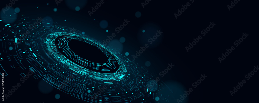 Poster big data visualization into cyberspace. swirling digital circles with web fragments and circuit boar