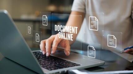 Person working on a laptop with document online visuals