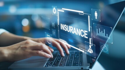 Person types on laptop with insurance digital interface overlay