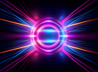Fototapeta premium Vibrant abstract neon lights in blue, pink, and orange radiate from a central circle on a dark backdrop, creating a futuristic and energetic visual.