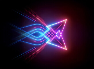 Abstract neon design featuring a triangle shape outlined in vibrant pink and red, emitting blue and cyan light trails on a dark background.