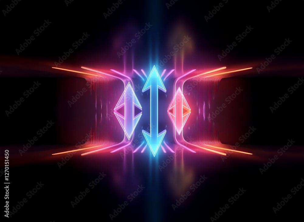 Poster abstract neon shape with arrows pointing up and down glows in vibrant blue, pink, and orange hues ag