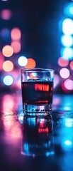 A vibrant glass of drink reflecting colorful lights in a moody, urban setting, creating an inviting atmosphere.