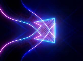 Obraz premium Abstract geometric shape with vibrant neon pink and blue glowing lines against a dark backdrop. Futuristic and dynamic design illuminated with radiant light.