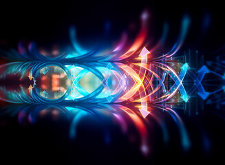 Obraz premium Vibrant symmetrical abstract image on dark backdrop, showcasing flowing blue, red, orange, and purple lights. Digital, futuristic design with energy trails.