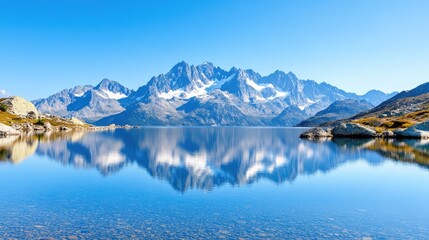 Fototapeta premium Serene mountain landscape reflecting in clear lake under bright blue sky, showcasing nature's beauty