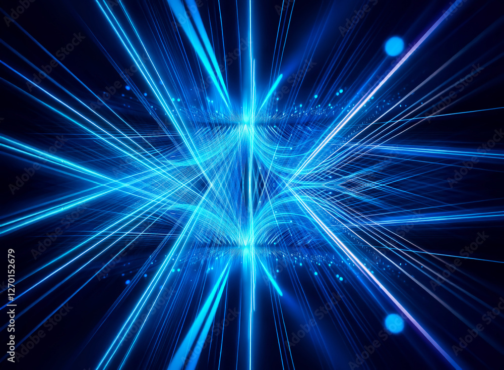Poster futuristic abstract design with bright blue light streaks emanating and converging in a symmetrical 