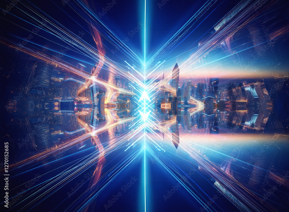 Poster futuristic city lights blur into dynamic light trails, creating a symmetrical and abstract compositi