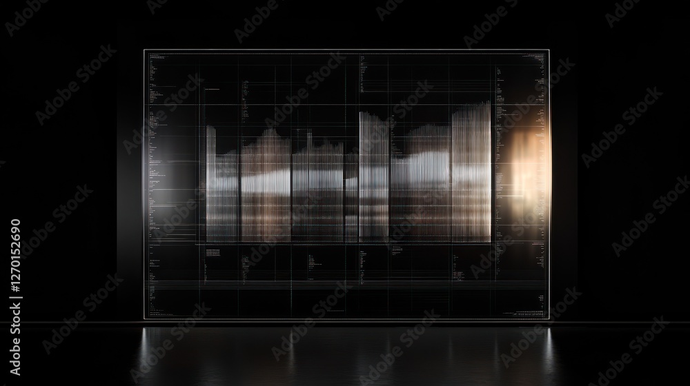 Poster futuristic interface display in dark room, data visualization concept
