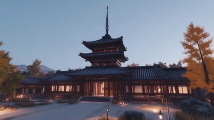Serene Japanese Pagoda Winter Landscape at Dusk