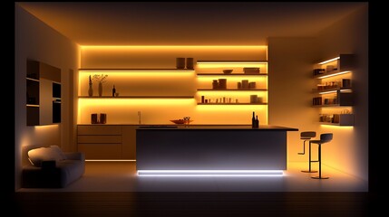Modern home bar with warm LED lighting, shelves, and seating.
