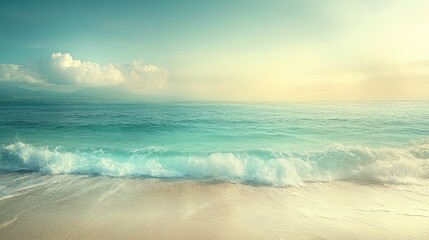 Serene beach at sunset with gentle waves lapping against the shore and distant mountains