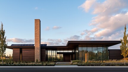 Modern home with flat roof, large windows, and chimney at sunset.
