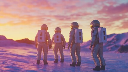 Astronauts Explore an Alien Planet at Sunset