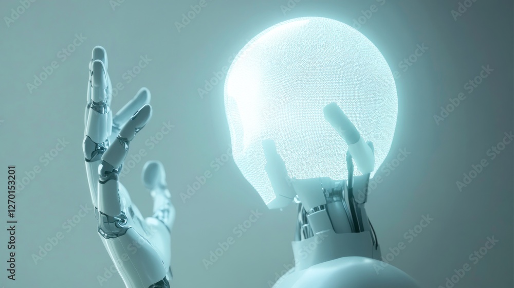 Poster artificial intelligence: robot hand and head glowing in the future