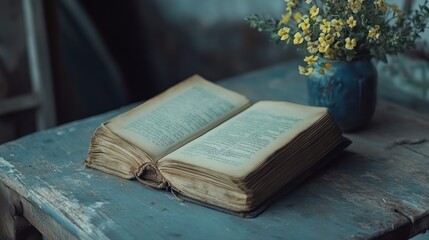 An open book rests on a weathered table beside a small vase of flowers.