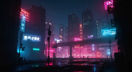 Neon-lit cyberpunk cityscape silhouettes with atmospheric glow
