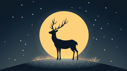 Fototapeta premium Snow Moon Concept, silhouette of deer standing in snowy meadow under full moon