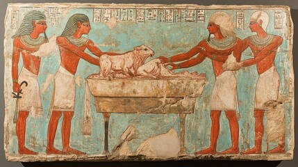 Ancient Egyptian scene depicting a ritual with a calf, showcasing religious practices.