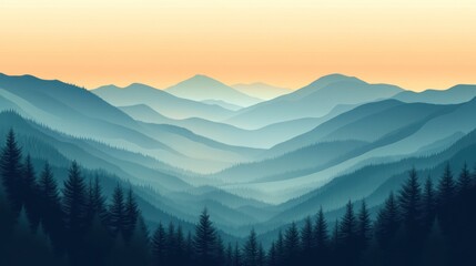 Obraz premium Misty Mountain Range with Pine Forest, Tranquil and Serene Landscape